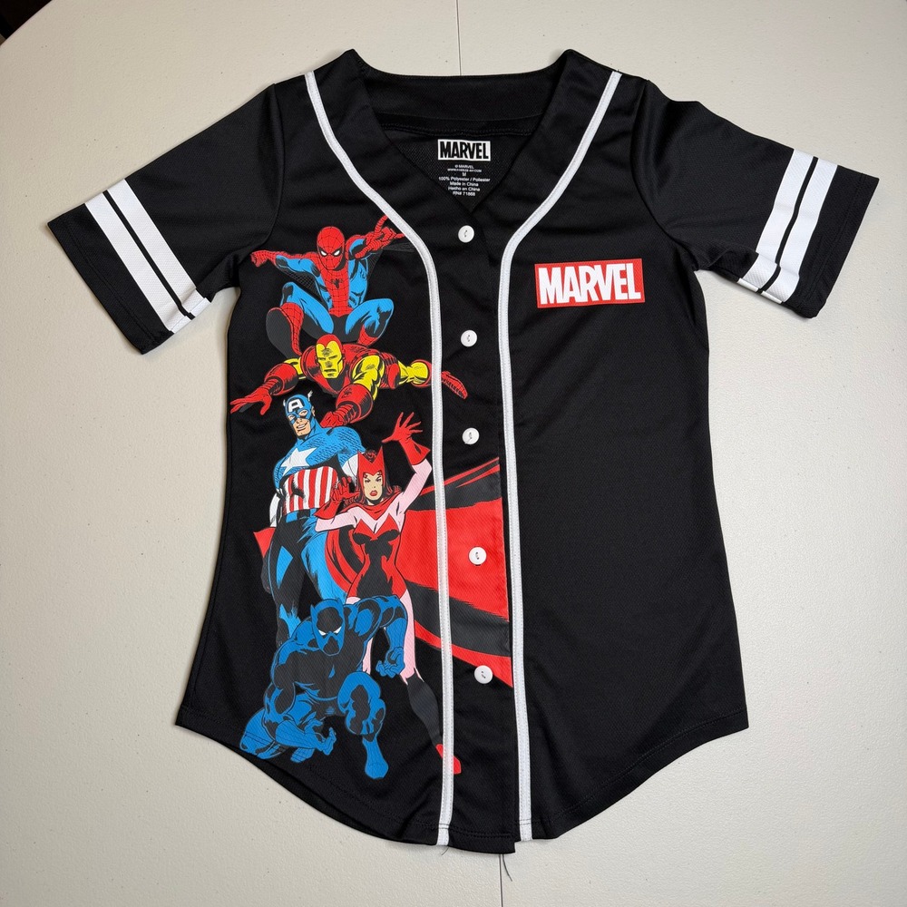 Marvel Avengers Black Baseball Jersey Mens Medium Spider-Man Iron Man Button Up